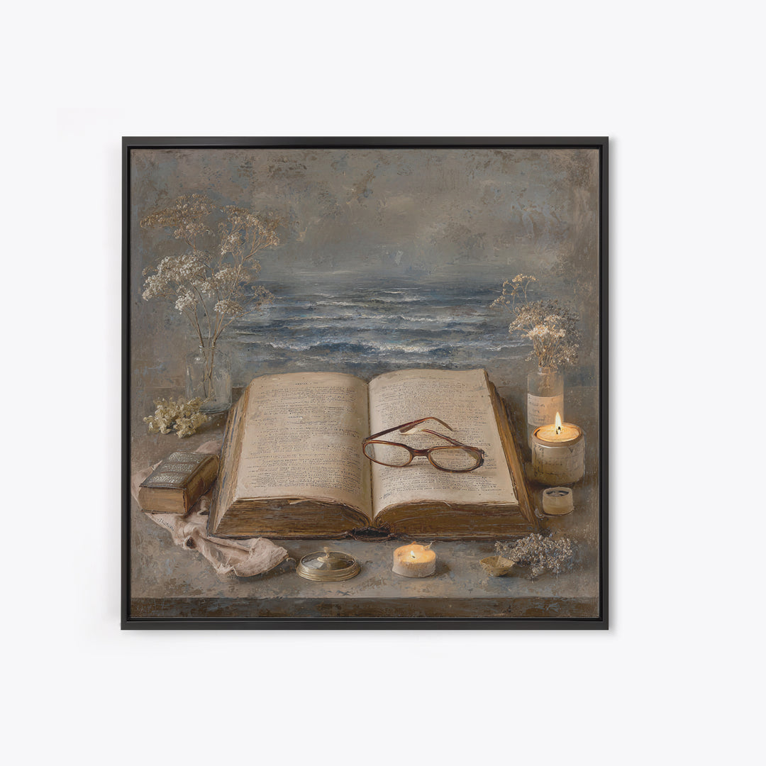 Stormy Sea Painting Inside an Open Book Framed Canvas Print, Library Art, Dark Academia Art, Library Decor, Abstract Art, LIB-1x1-42