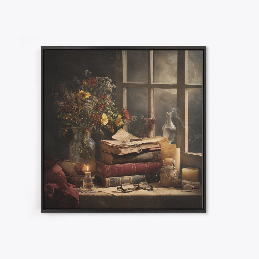 Moonlit Window with Floating Pages Framed Canvas Print, Library Art, Dark Academia Decor, Library Decor, Fine Art, Archive, LIB-1x1-56