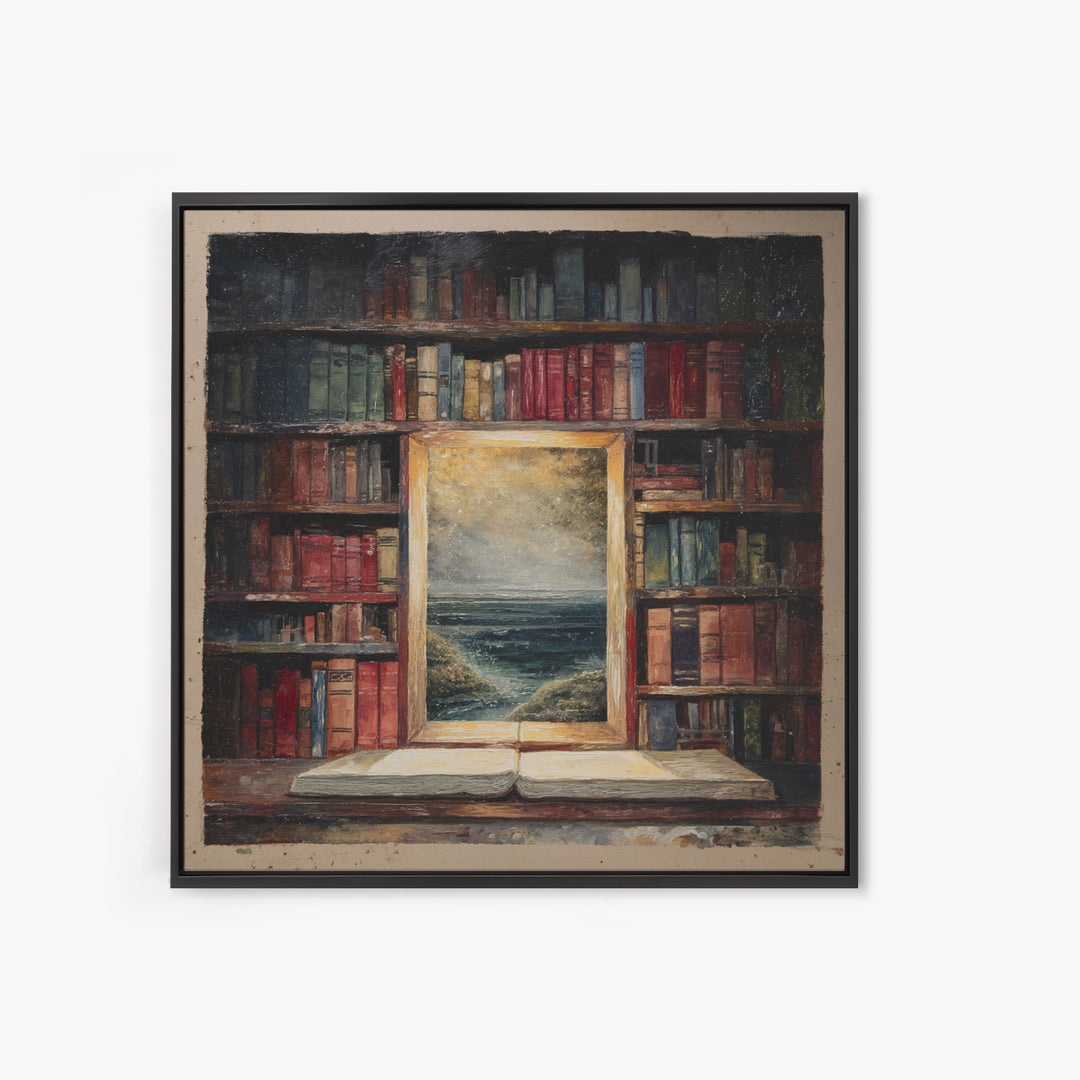 Stormy Sea Painting Inside an Open Book Framed Canvas Print, Library Art, Dark Academia Art, Library Decor, Abstract Art, LIB-1x1-66