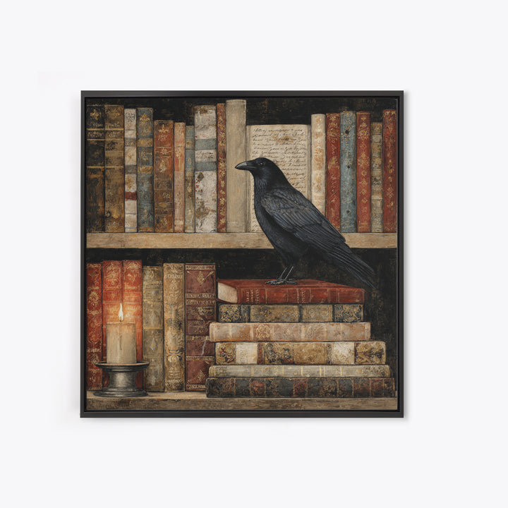 Black Raven Perched on Closed Book Framed Canvas Print, Library Art, Reading Nook Decor, Library Decor, Fine Art, Archive, LIB-1x1-70