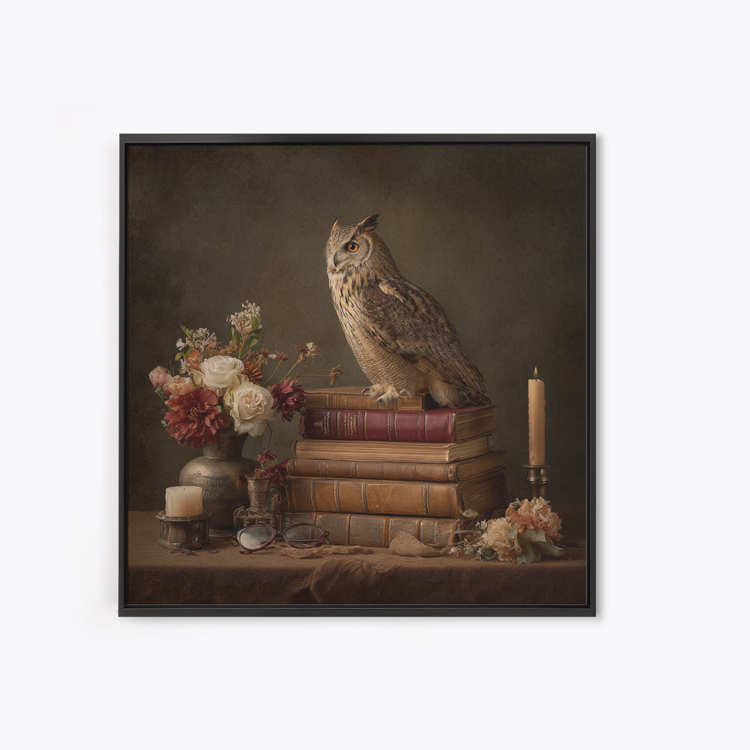 Owl Perched on a Pile of Antique Framed Canvas Print, Library Art, Fine Art Print, Library Decor, Fine Art, Archive, Painting, LIB-1x1-74