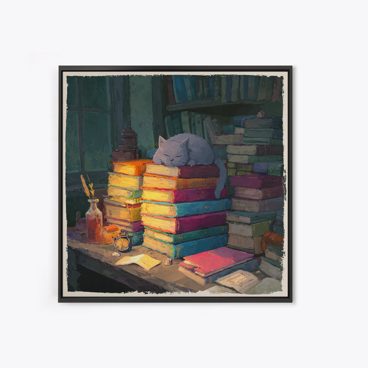 Cat Sleeping on a Book Stack Framed Canvas Print, Library Art, Boho Decor, Library Decor, Oil Painting, Archive, Digital Art, LIB-1x1-79