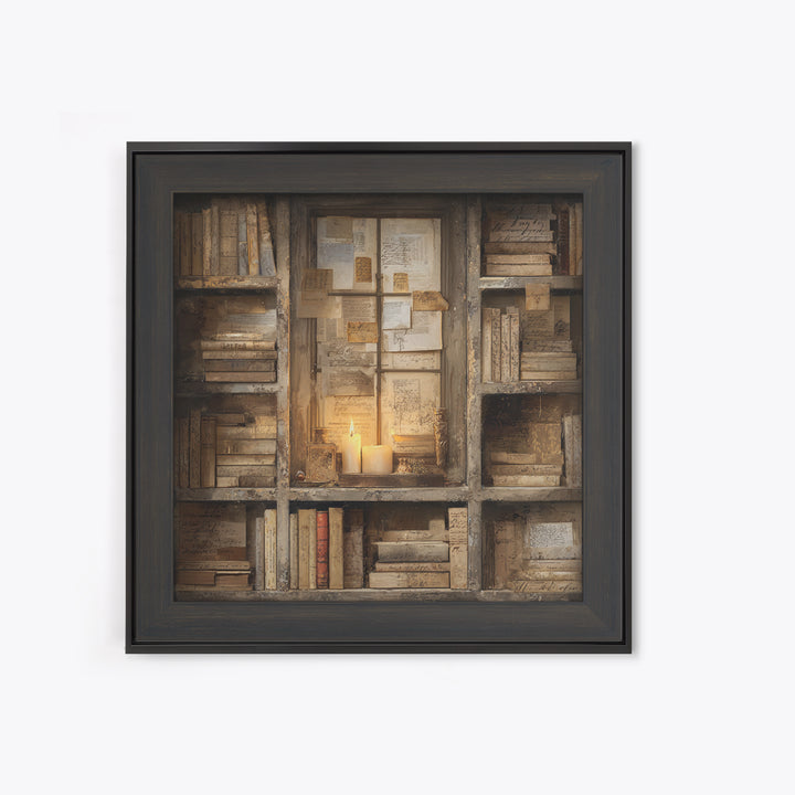 Moonlit Window with Floating Pages Framed Canvas Print, Library Art, Fine Art Print, Library Decor, Fine Art, Archive, LIB-1x1-80