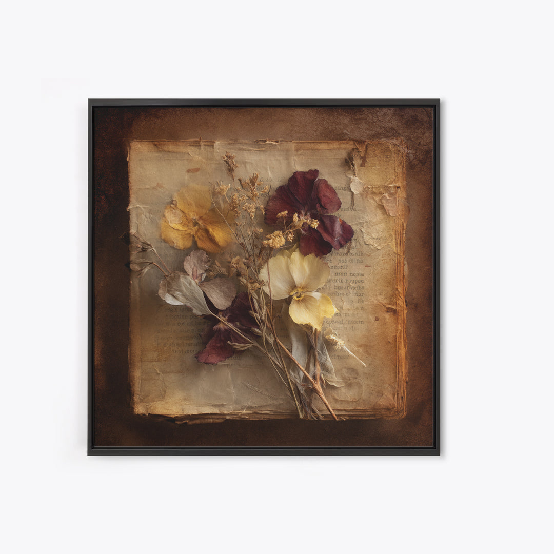 Botanical Pressed Flowers Inside Old Pages Canvas Print, Library Art, Painting, Library Decor, Oil Painting, Archive, LIB-1x1-81