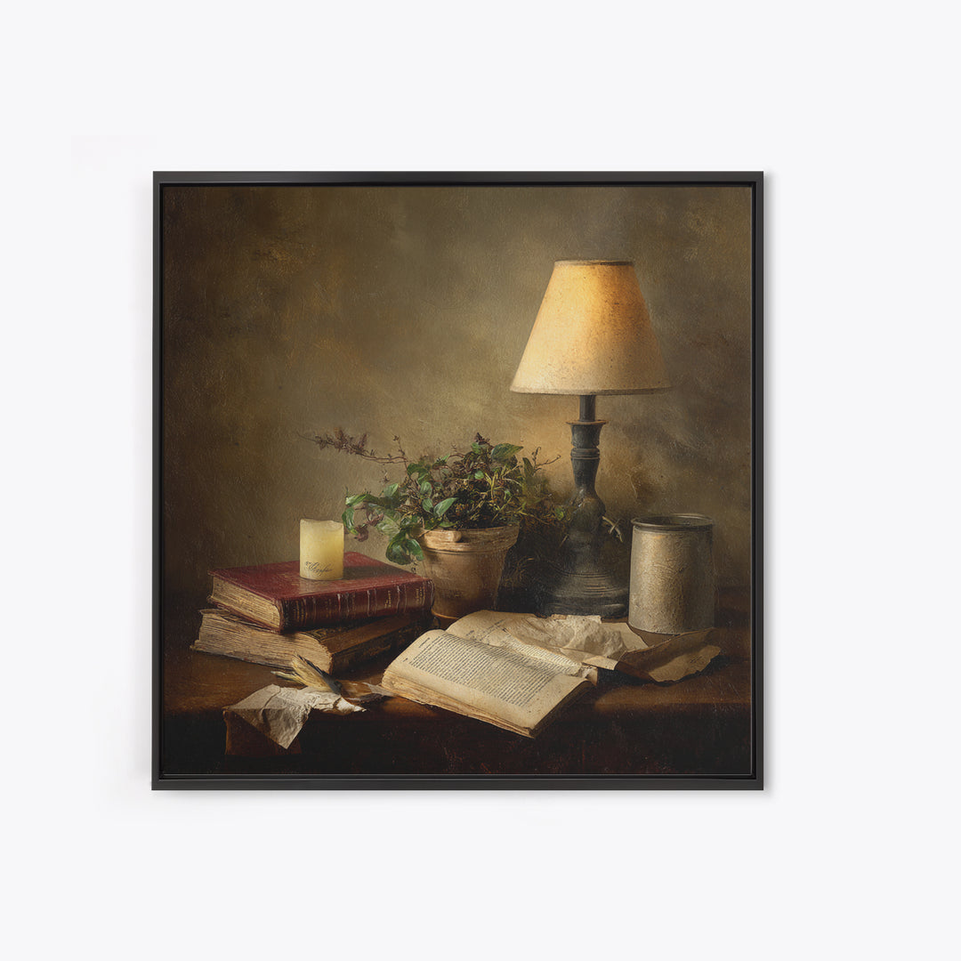 Warm Reading Lamp and Small Plant Still Framed Canvas Print, Library Art, Wall Art, Library Decor, Oil Painting, Archive, LIB-1x1-93