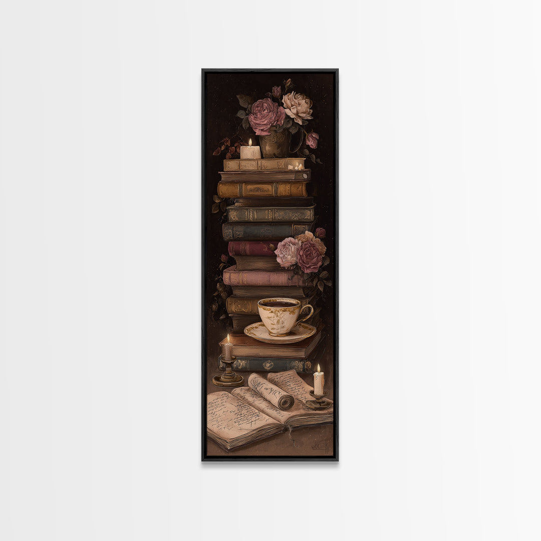Teacup Beside a Novel and Roses Canvas Print, Library Art, Gothic Wall Decor, Library Decor, Fine Art, Archive, LIB-1x3-2