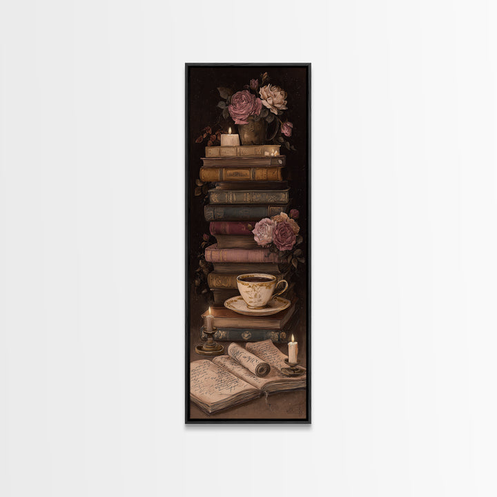 Teacup Beside a Novel and Roses Canvas Print, Library Art, Gothic Wall Decor, Library Decor, Fine Art, Archive, LIB-1x3-2