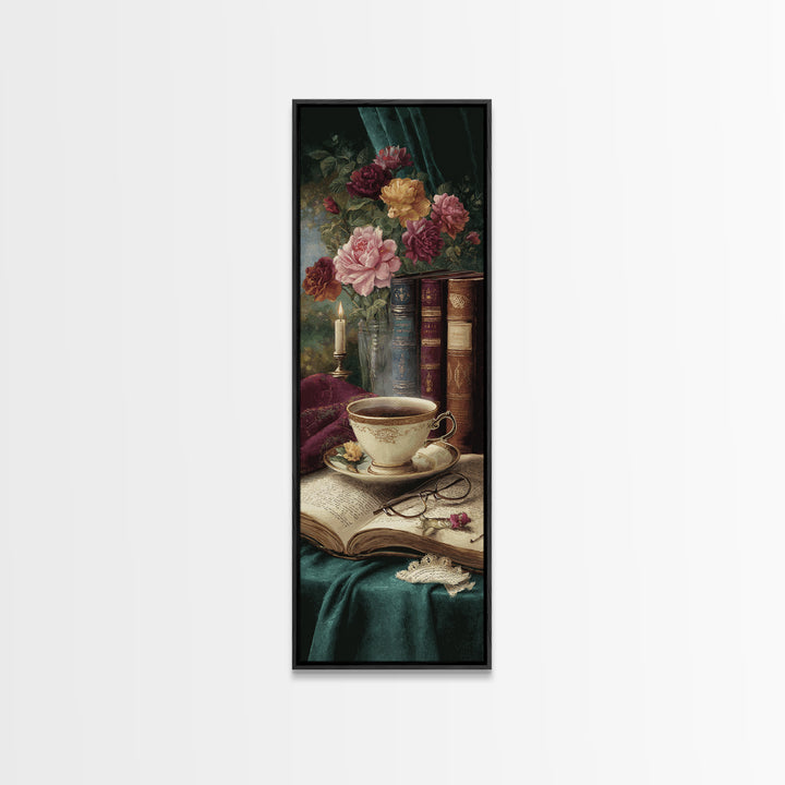 Teacup Beside a Novel and Roses Canvas Print, Library Art, Gothic Wall Decor, Library Decor, Fine Art, Archive, LIB-1x3-26