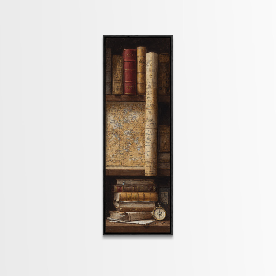 Map and Compass on Leather Bound Atlas Canvas Print, Library Art, Art Print, Library Decor, Fine Art, Archive, Gothic Wall Art, LIB-1x3-28