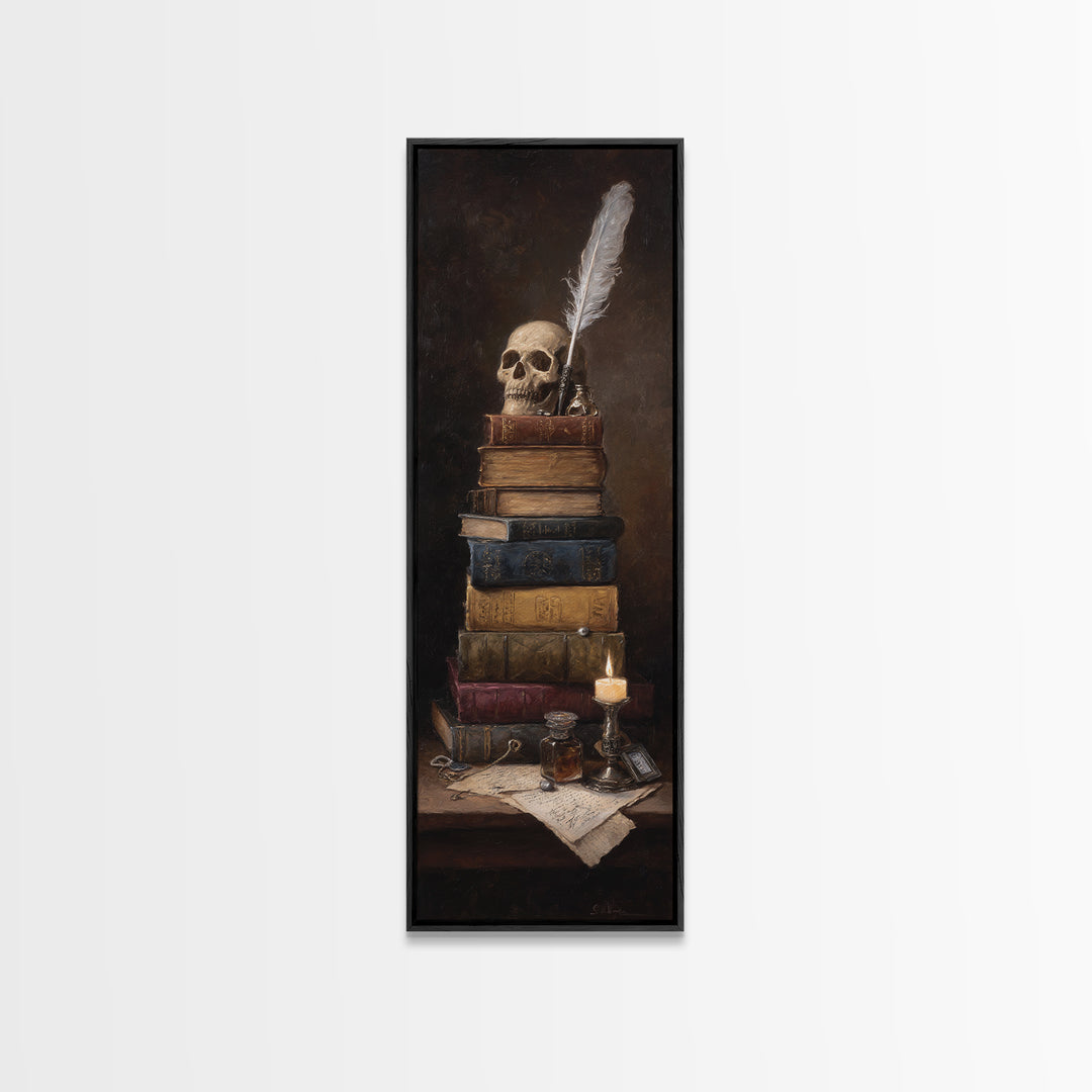 Dark Academia Skull Book and Quill Still Canvas Print, Library Art, Black Cat Art, Library Decor, Archive, Luxury Decor, LIB-1x3-41