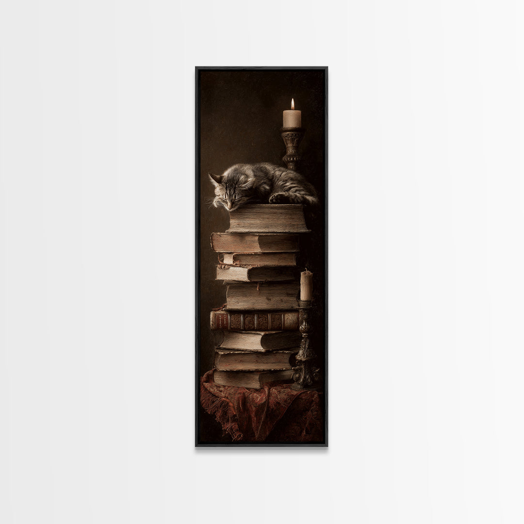 Cat Sleeping on a Book Stack Canvas Print, Library Art, Moody Wall Art, Library Decor, Fine Art, Archive, Gallery Decor, LIB-1x3-43