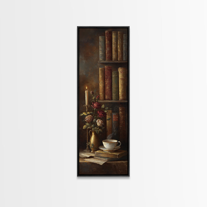 Teacup Beside a Novel and Roses Framed Canvas Print, Library Art, Fine Art Print, Library Decor, Fine Art, Archive, Painting, LIB-1x3-50