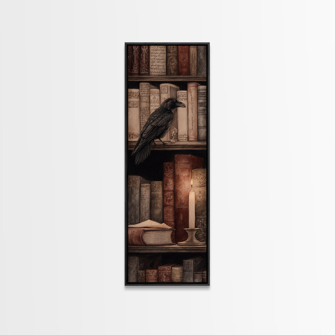Black Raven Perched on Closed Book Framed Canvas Print, Library Art, Halloween Wall Art, Library Decor, Watercolor Art, Archive, LIB-1x3-58