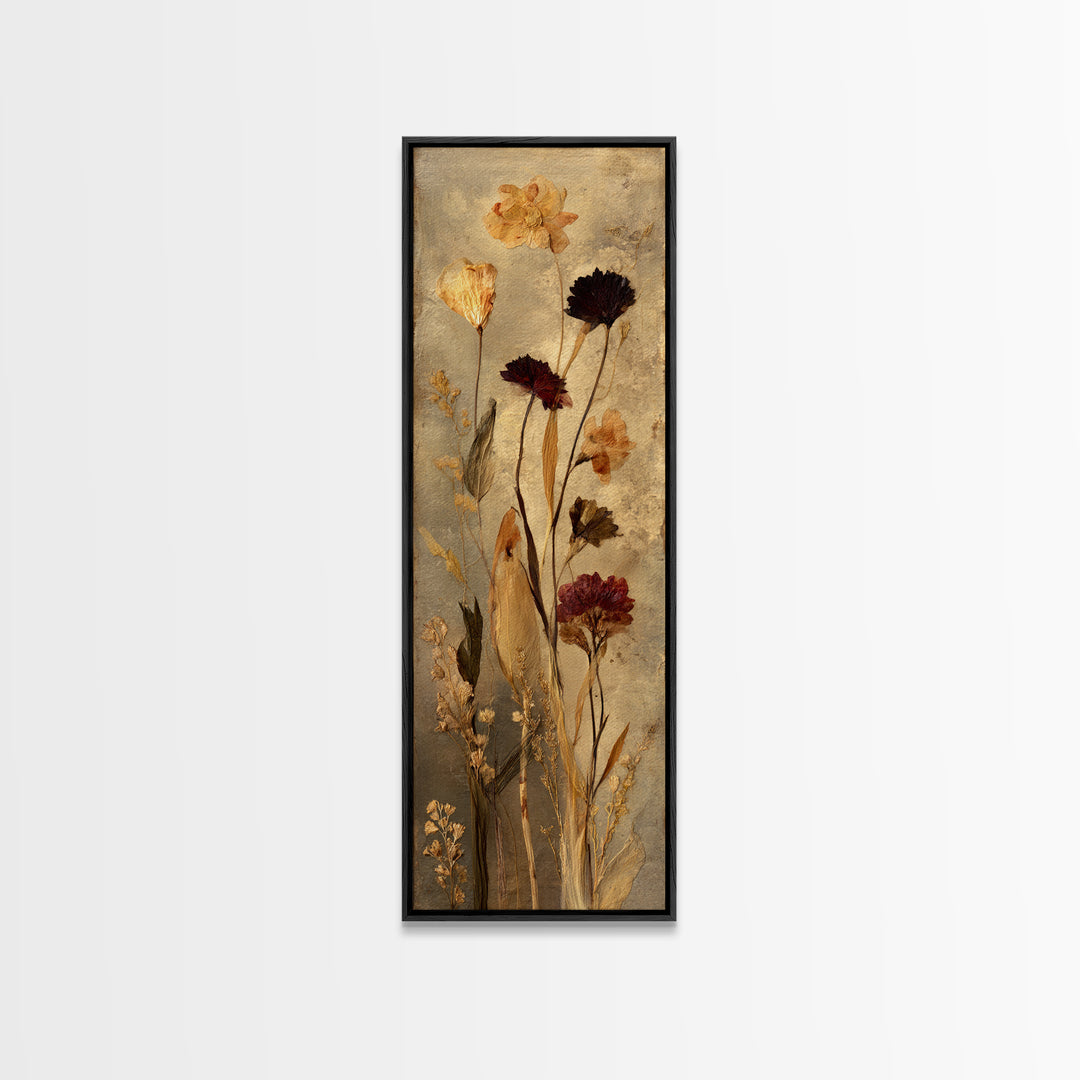 Botanical Pressed Flowers Inside Old Pages Framed Canvas Print, Library Art, Wall Art, Library Decor, Watercolor Art, Archive, LIB-1x3-69