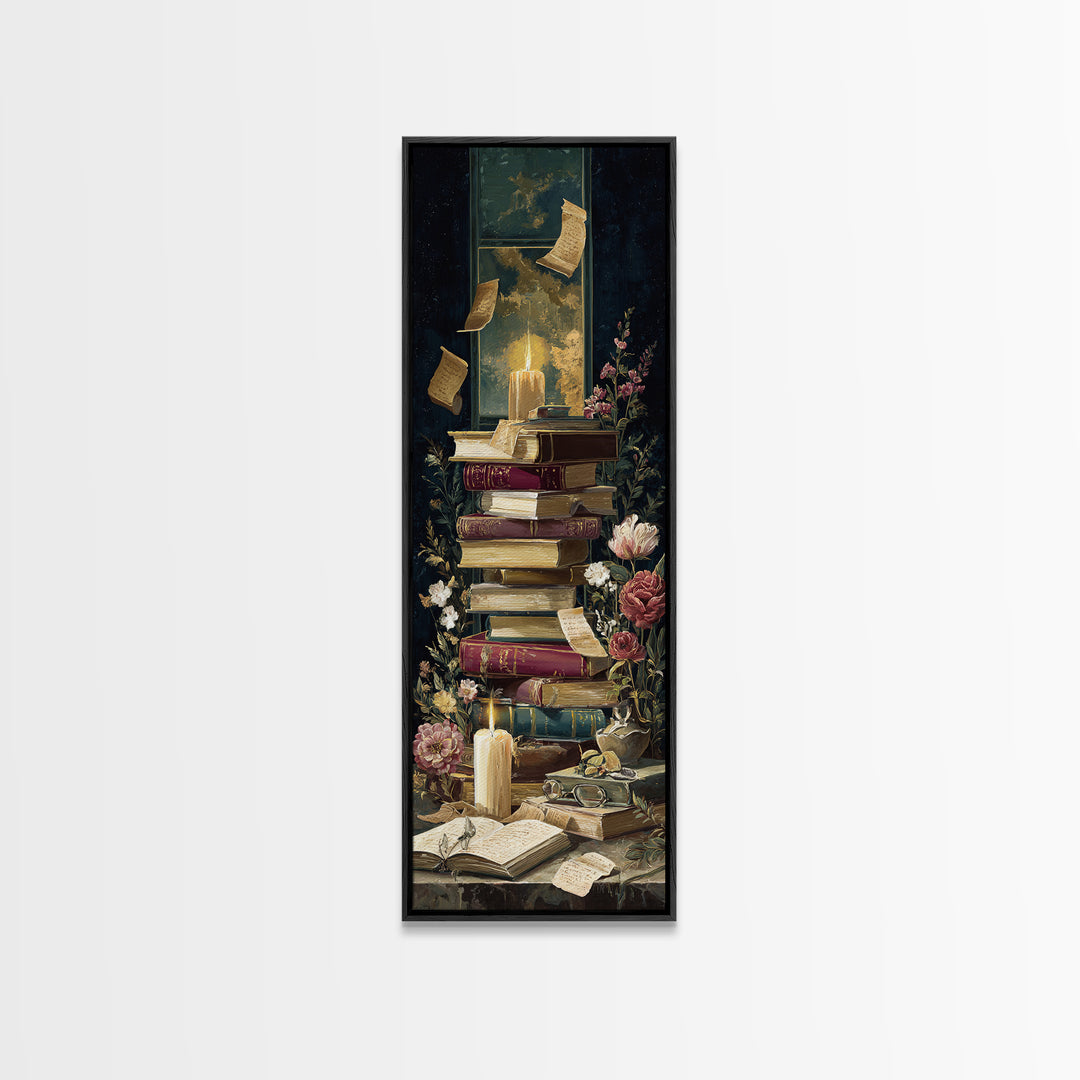Moonlit Window with Floating Pages Framed Canvas Print, Library Art, Black Cat Art, Library Decor, Fine Art, Archive, LIB-1x3-92