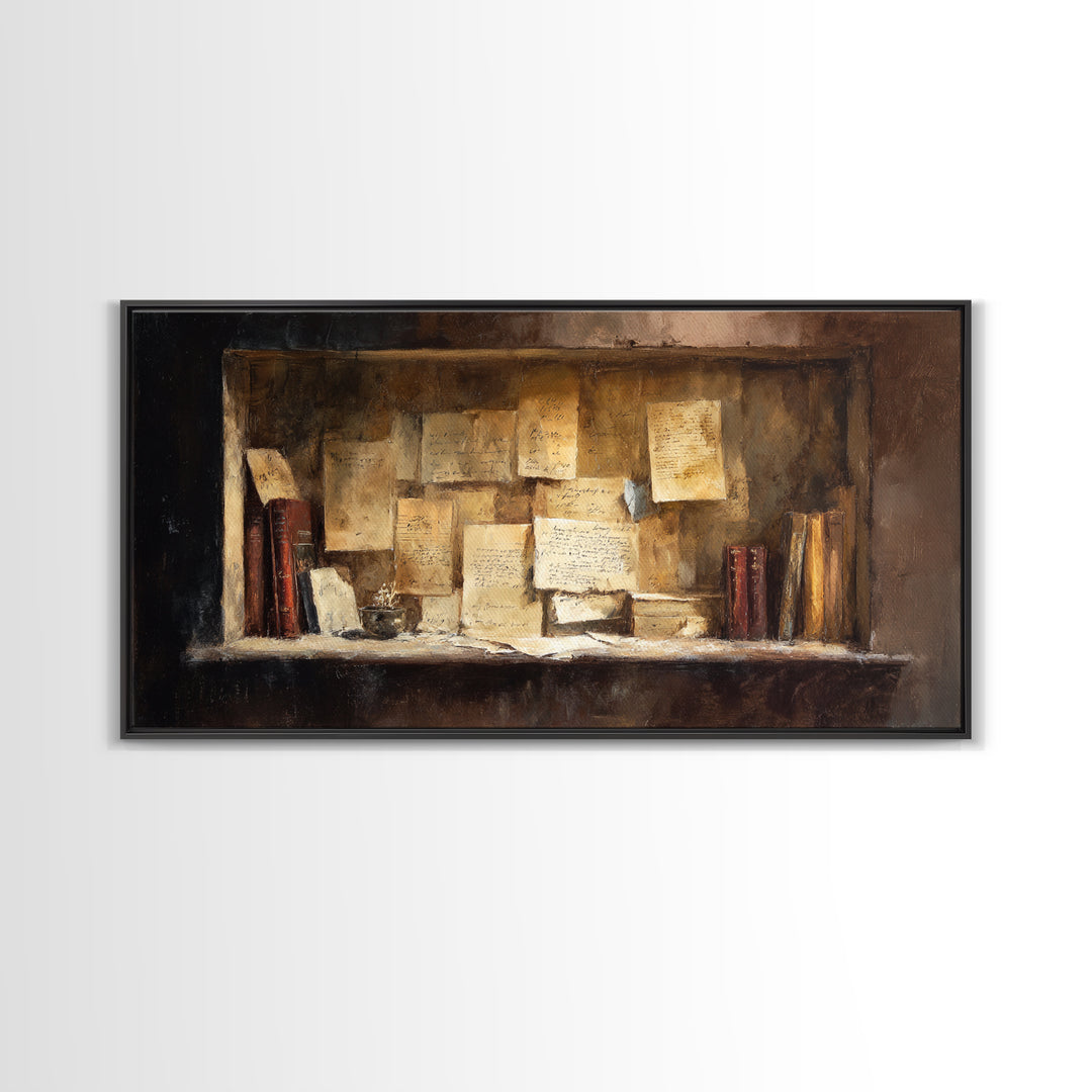 Moonlit Window with Floating Pages Framed Canvas Print, Library Art, Contemporary Art, Library Decor, Fine Art, Archive, LIB-2x1-28