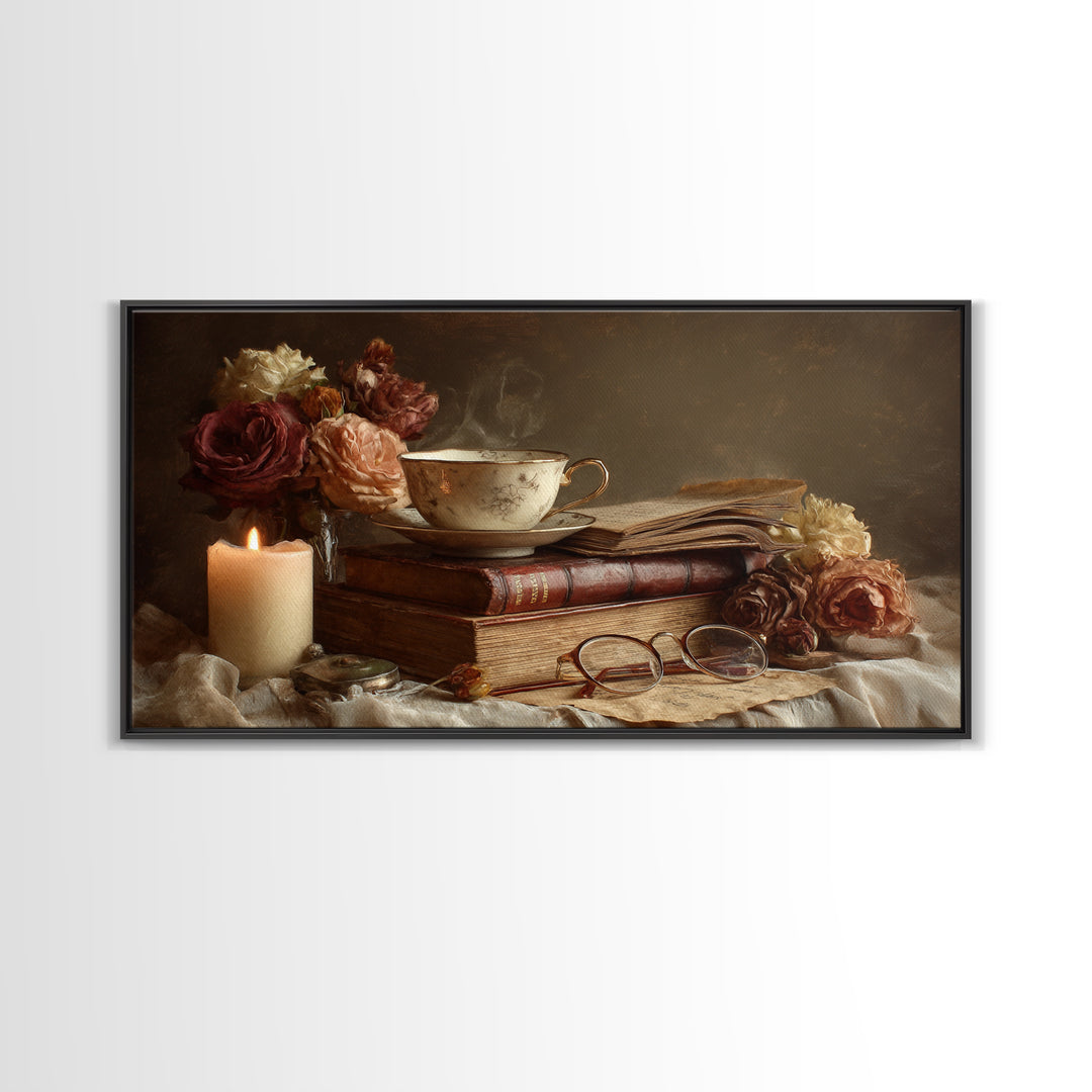 Teacup Beside a Novel and Roses Framed Canvas Print, Library Art, Contemporary Art, Library Decor, Fine Art, Archive, LIB-2x1-34