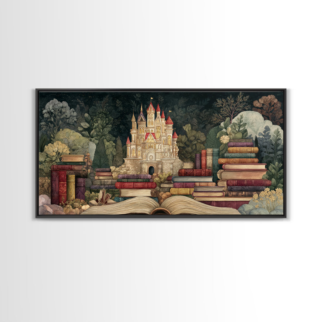 Storybook Castle Emerging from Open Book Framed Canvas Print, Library Art, Wall Art, Library Decor, Oil Painting, Archive, LIB-2x1-35