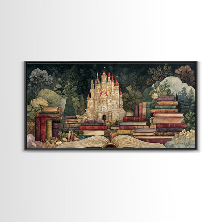 Storybook Castle Emerging from Open Book Framed Canvas Print, Library Art, Wall Art, Library Decor, Oil Painting, Archive, LIB-2x1-35
