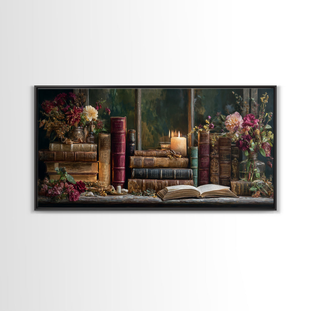 Old Books Stacked Framed Canvas Print, Library Art, Watercolor Painting, Library Decor, Oil Painting, Archive, Black Cat Art, LIB-2x1-45