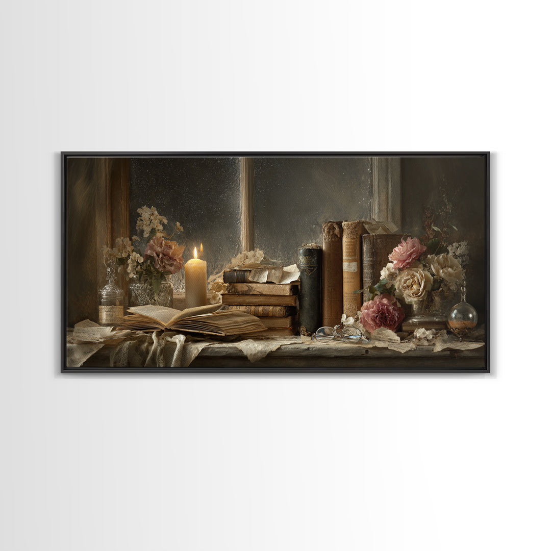 Moonlit Window with Floating Pages Canvas Print, Library Art, Digital Art, Library Decor, Fine Art, Archive, Watercolor Art, LIB-2x1-52