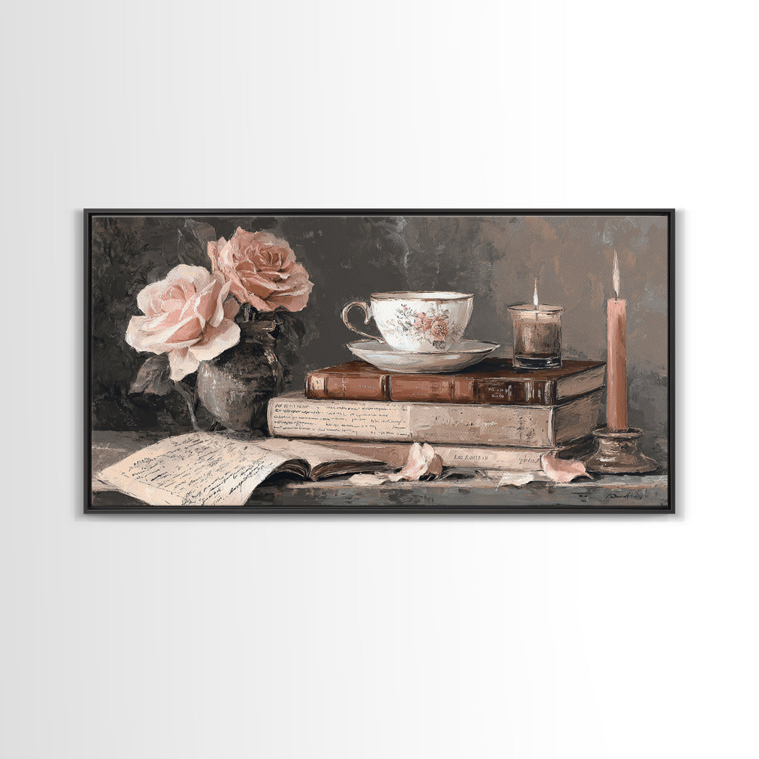 Teacup Beside a Novel and Roses Canvas Print, Library Art, Digital Art, Library Decor, Fine Art, Archive, Watercolor Art, LIB-2x1-58