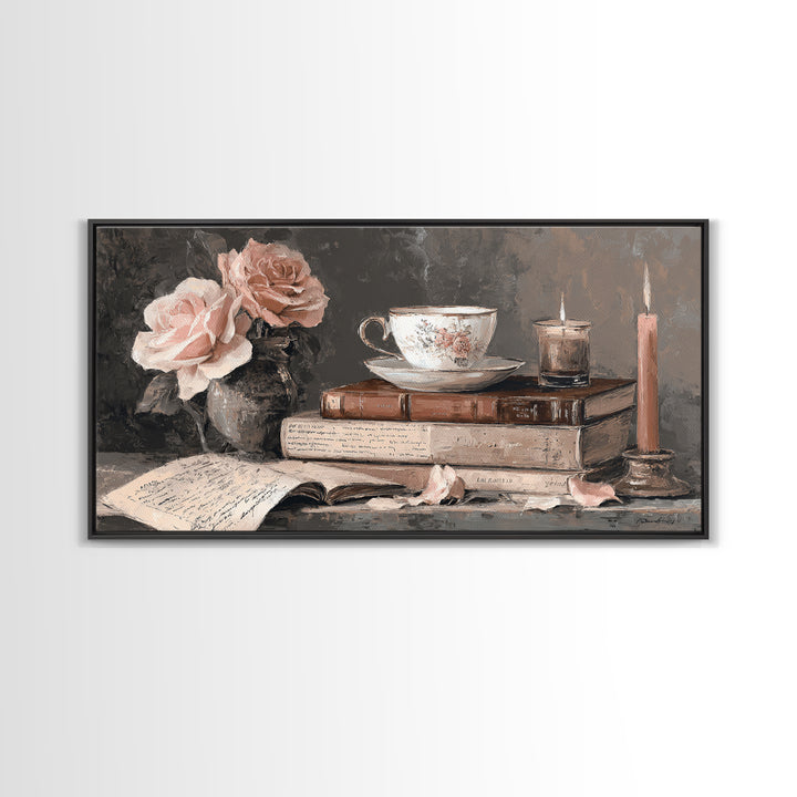 Teacup Beside a Novel and Roses Canvas Print, Library Art, Digital Art, Library Decor, Fine Art, Archive, Watercolor Art, LIB-2x1-58
