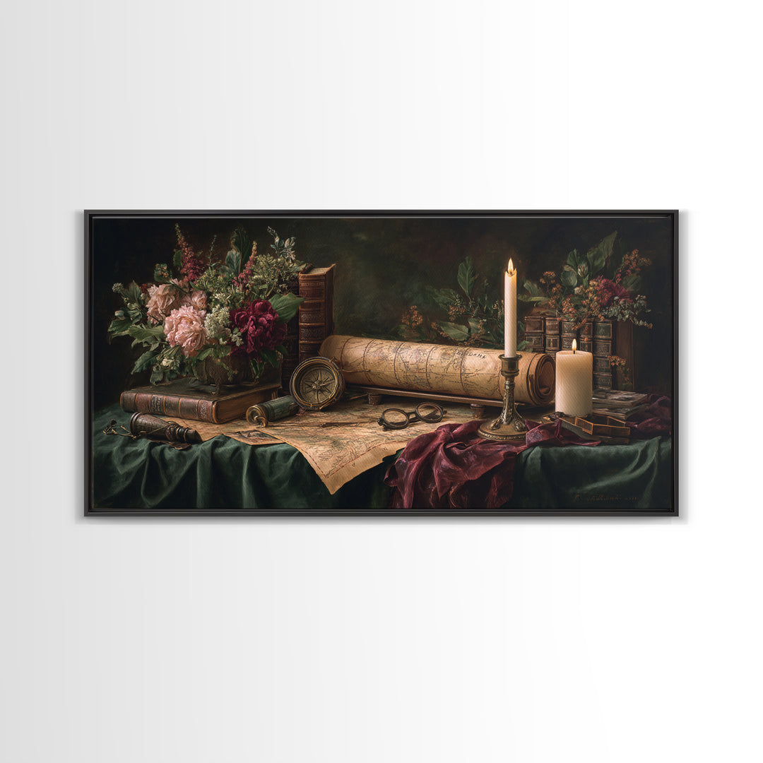 Map and Compass on Leather Bound Atlas Framed Canvas Print, Library Art, Gothic Home Decor, Library Decor, Oil Painting, LIB-2x1-60