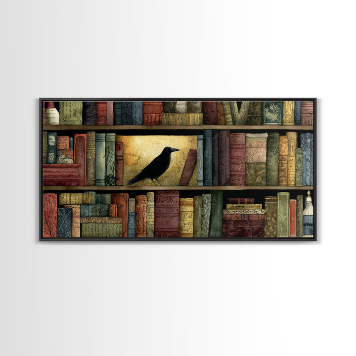 Black Raven Perched on Closed Book Canvas Print, Library Art, Library Decor, Watercolor Art, Archive, Unique Wall Art, LIB-2x1-66