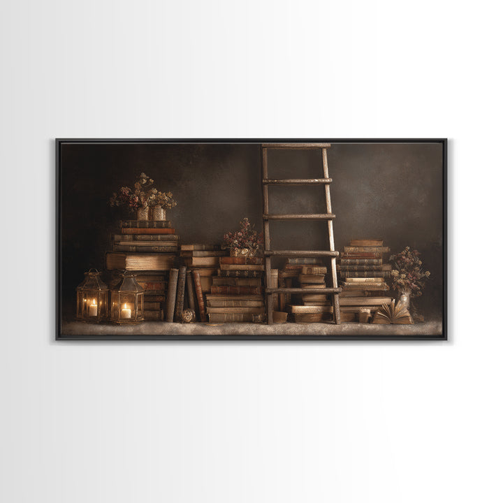Rolling Library Ladder Canvas Print, Library Art, Dark Academia Art, Library Decor, Abstract Art, Archive, Room Decor, LIB-2x1-71