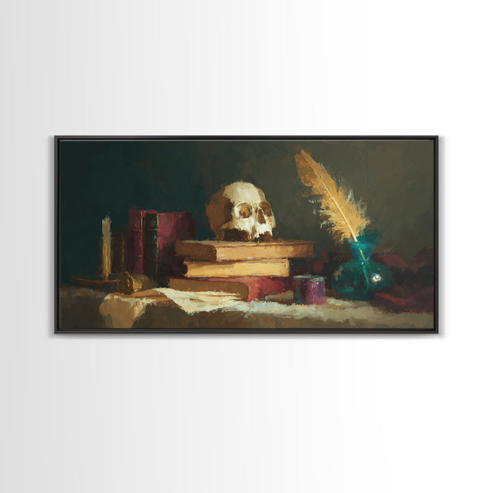 Dark Academia Skull Book and Quill Still Canvas Print, Library Art, Unique Wall Art, Library Decor, Fine Art, Archive, LIB-2x1-73