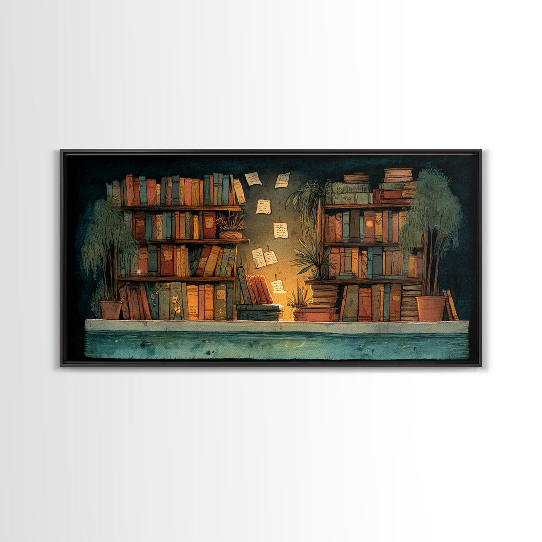 Moonlit Window with Floating Pages Canvas Print, Library Art, Gothic Wall Art, Library Decor, Archive, Bookish Wall Art, LIB-2x1-76