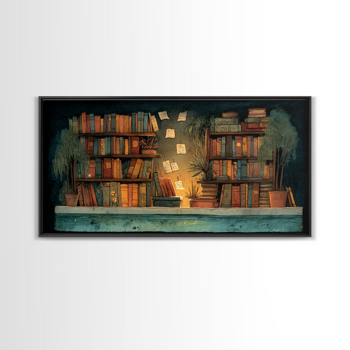 Moonlit Window with Floating Pages Canvas Print, Library Art, Gothic Wall Art, Library Decor, Archive, Bookish Wall Art, LIB-2x1-76