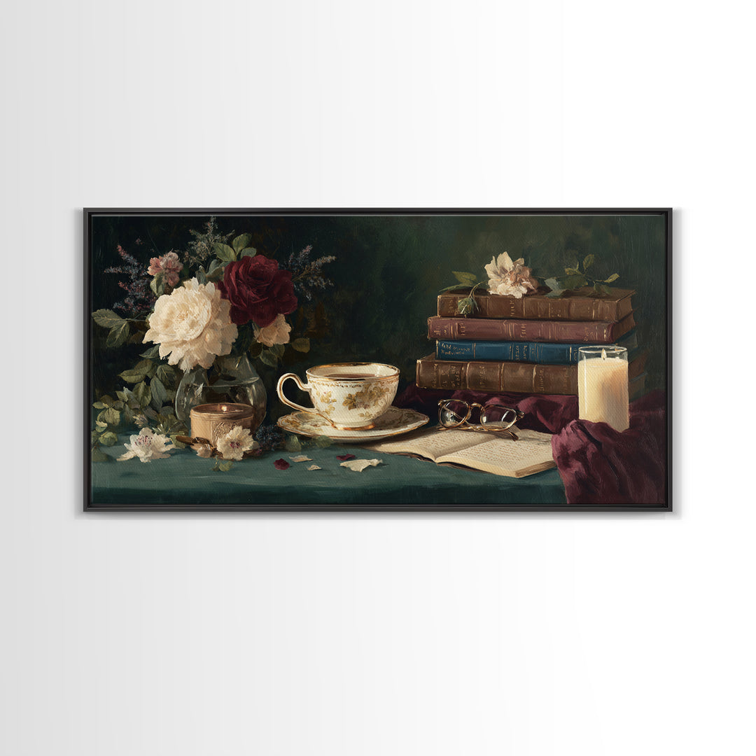Teacup Beside a Novel and Roses Canvas Print, Library Art, Digital Art, Library Decor, Fine Art, Archive, Watercolor Art, LIB-2x1-82