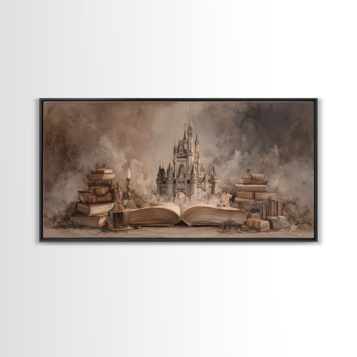Storybook Castle Emerging from Open Book Framed Canvas Print, Library Art, Painting, Library Decor, Fine Art, Archive, LIB-2x1-83