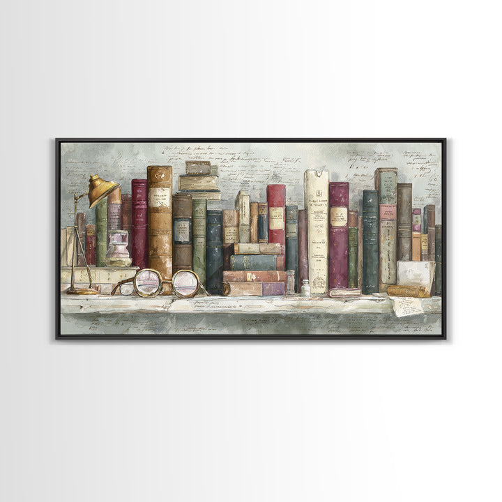 Antique Spectacles on a Manuscript Framed Canvas Print, Library Art, Unique Wall Art, Library Decor, Fine Art, Archive, LIB-2x1-88