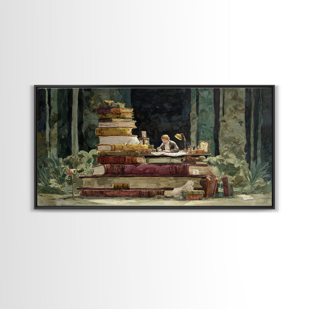 Renaissance Reading Figure Framed Canvas Print, Library Art, Dark Academia Decor, Library Decor, Archive, Botanical Art, LIB-2x1-91