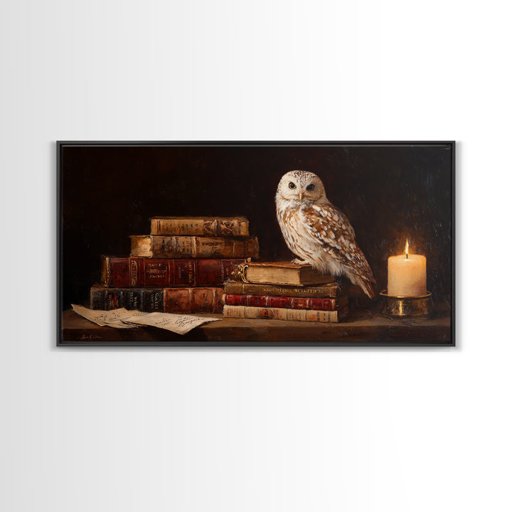 Owl Perched on a Pile of Antique Canvas Print, Library Art, Printable Art, Library Decor, Fine Art, Archive, Bookish Decor, LIB-2x1-94