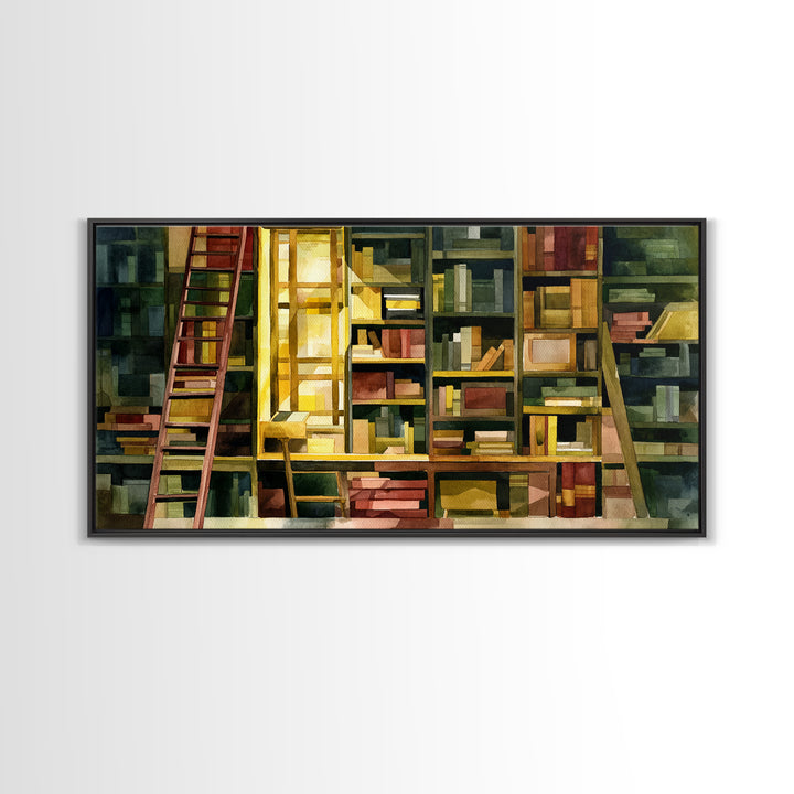 Rolling Library Ladder Framed Canvas Print, Library Art, Neutral Decor, Library Decor, Fine Art, Archive, Home Decor, LIB-2x1-95