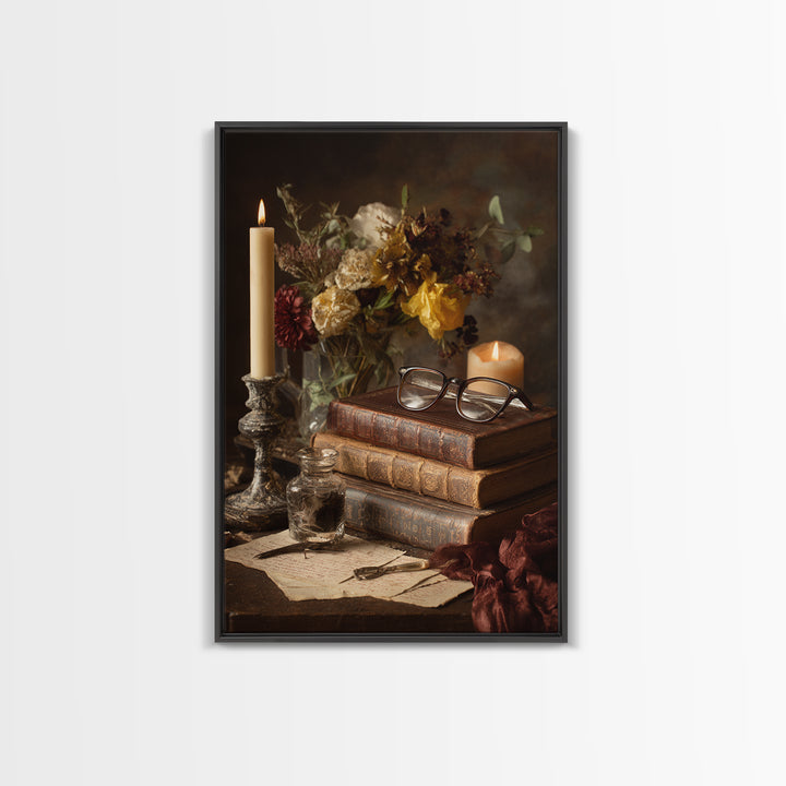 Antique Spectacles on a Manuscript Framed Canvas Print, Library Art, Digital Art, Library Decor, Archive, Watercolor Art, LIB-2x3-100