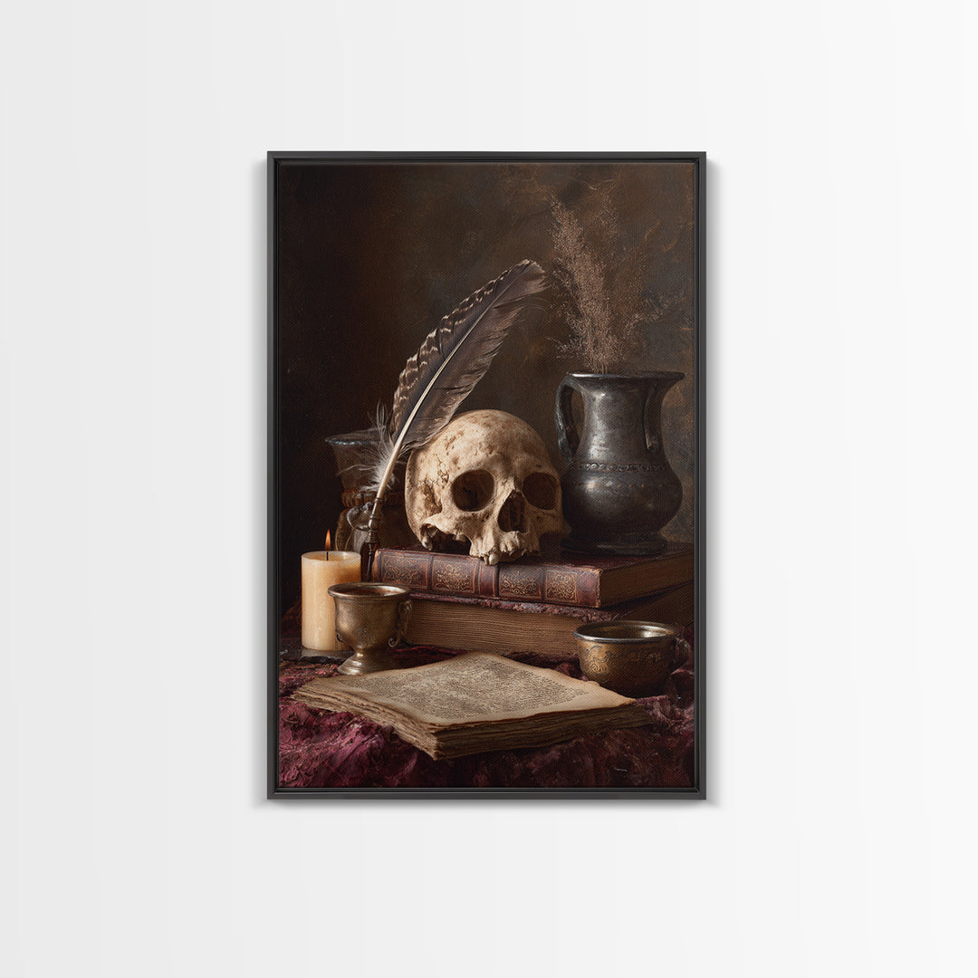 Dark Academia Skull Book and Quill Still Framed Canvas Print, Library Art, Dark Academia Decor, Library Decor, Archive, LIB-2x3-13