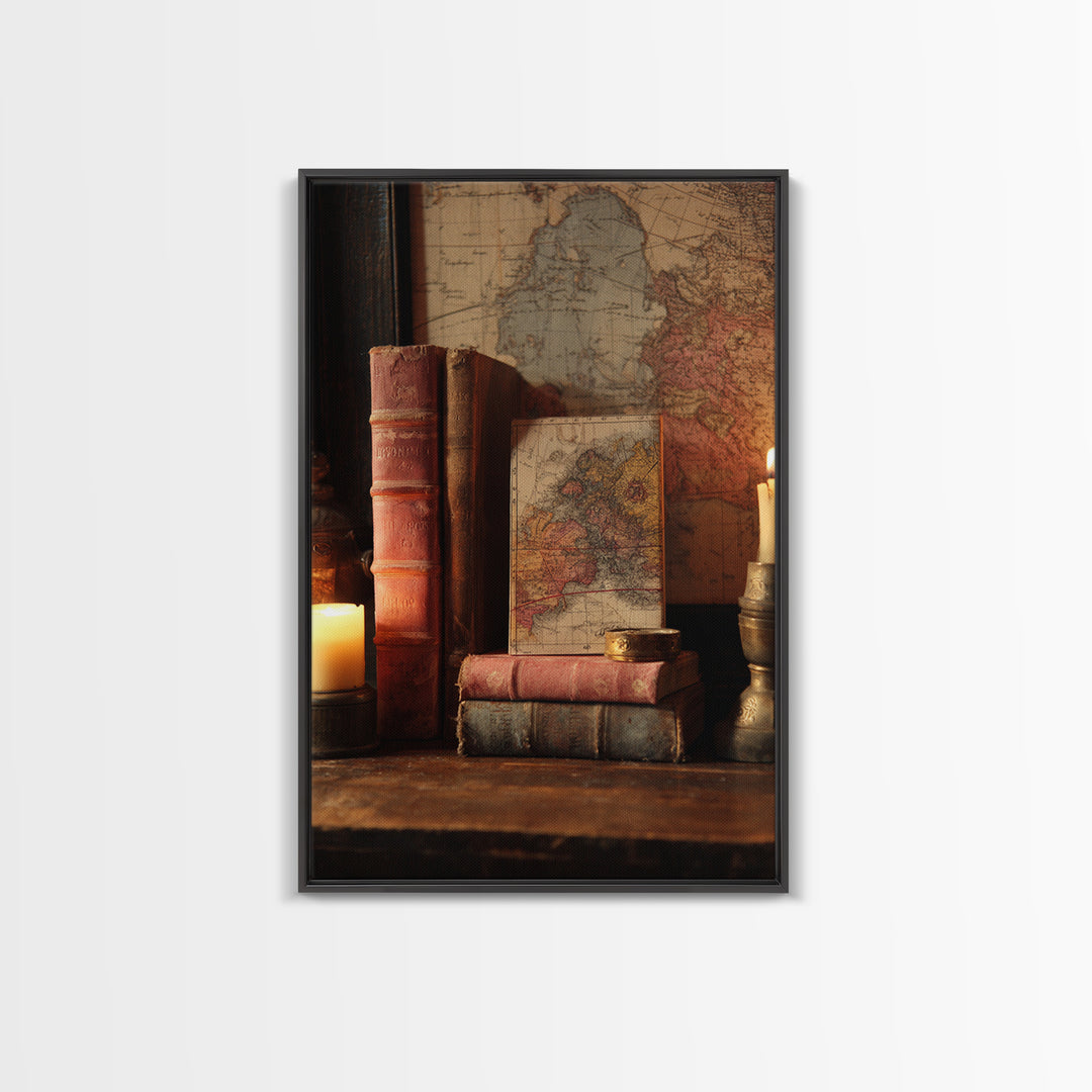 Map and Compass on Leather Bound Atlas Framed Canvas Print, Library Art, Modern Decor, Library Decor, Fine Art, Archive, LIB-2x3-24