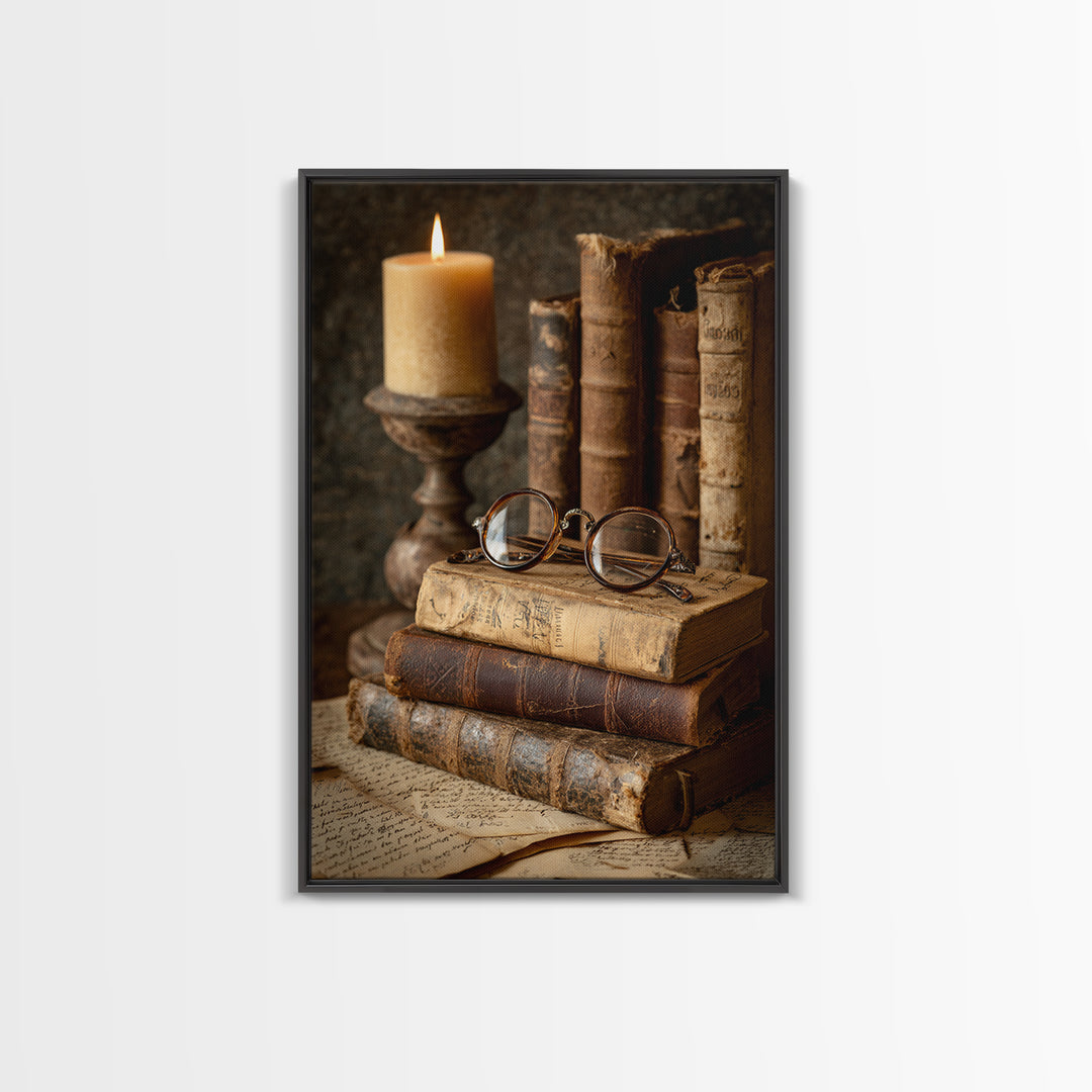 Antique Spectacles on a Manuscript Framed Canvas Print, Library Art, Whimsical Art, Library Decor, Fine Art, Archive, LIB-2x3-28