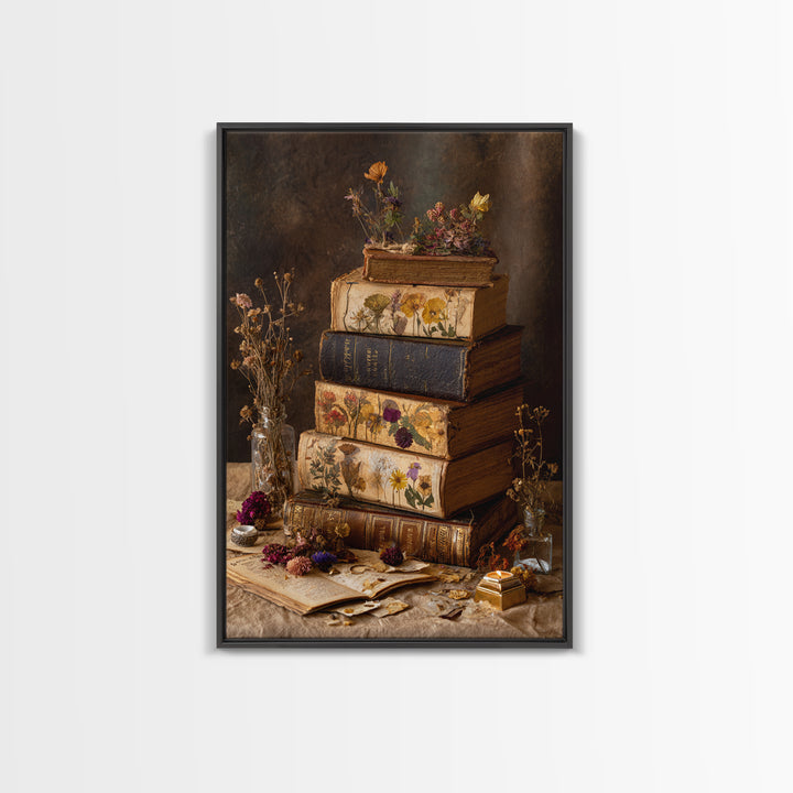 Botanical Pressed Flowers Inside Old Pages Framed Canvas Print, Library Art, Wall Art Print, Library Decor, Fine Art, Archive, LIB-2x3-41