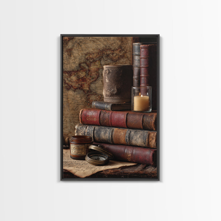 Map and Compass on Leather Bound Atlas Canvas Print, Library Art, Gothic Home Decor, Library Decor, Oil Painting, Archive, LIB-2x3-72