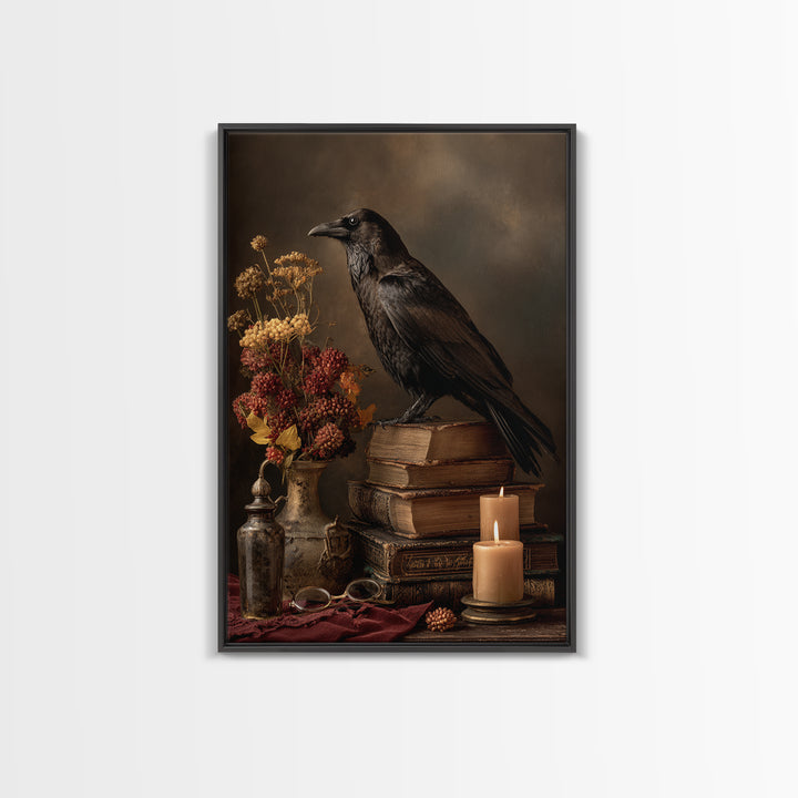 Black Raven Perched on Closed Book Framed Canvas Print, Library Art, Living Room Decor, Library Decor, Fine Art, Archive, LIB-2x3-78