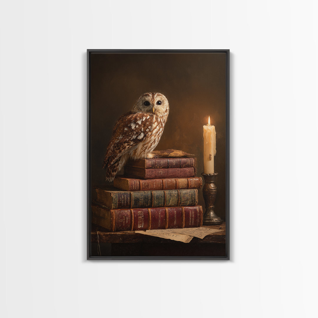 Owl Perched on a Pile of Antique Canvas Print, Library Art, Dark Academia Decor, Library Decor, Archive, Botanical Art, LIB-2x3-82
