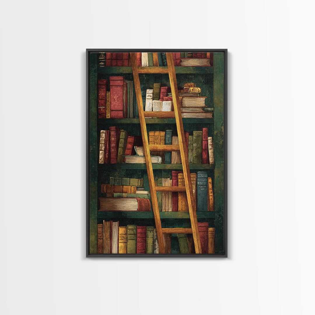 Rolling Library Ladder Framed Canvas Print, Library Art, Dark Academia Art, Library Decor, Abstract Art, Archive, Room Decor, LIB-2x3-83