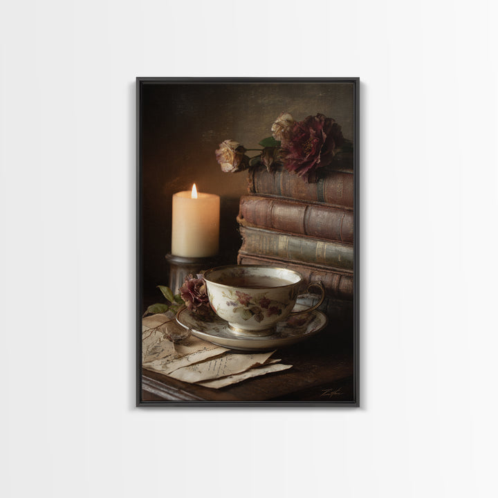Teacup Beside a Novel and Roses Framed Canvas Print, Library Art, Unique Wall Art, Library Decor, Archive, Dark Academia Art, LIB-2x3-94