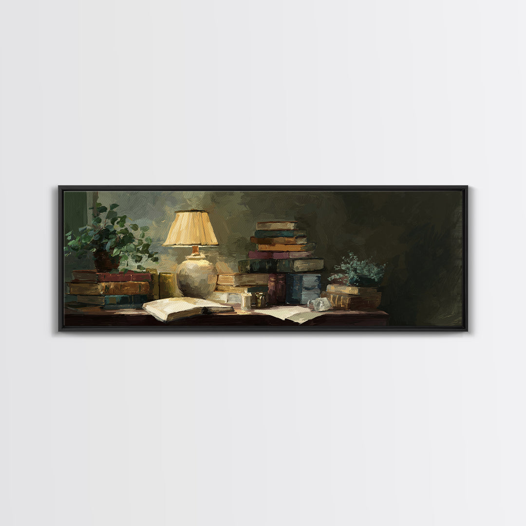 Warm Reading Lamp and Small Plant Still Canvas Print, Library Art, Watercolor Art, Library Decor, Archive, Halloween Wall Art, LIB-3x1-13